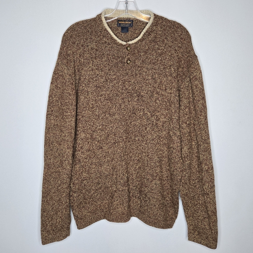Woolrich Brown Long Sleeve Mustang Heather Wool Blend Henley Sweater Men's Large - Picture 2 of 11